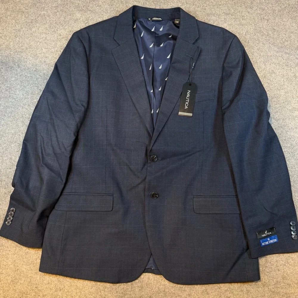 Nautica Mens 44R Modern Fit Active Stretch Blazer Gaff Blue Plaid NA00055